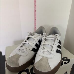 Adidas Men's White and Black Sneakers with Brown Sole